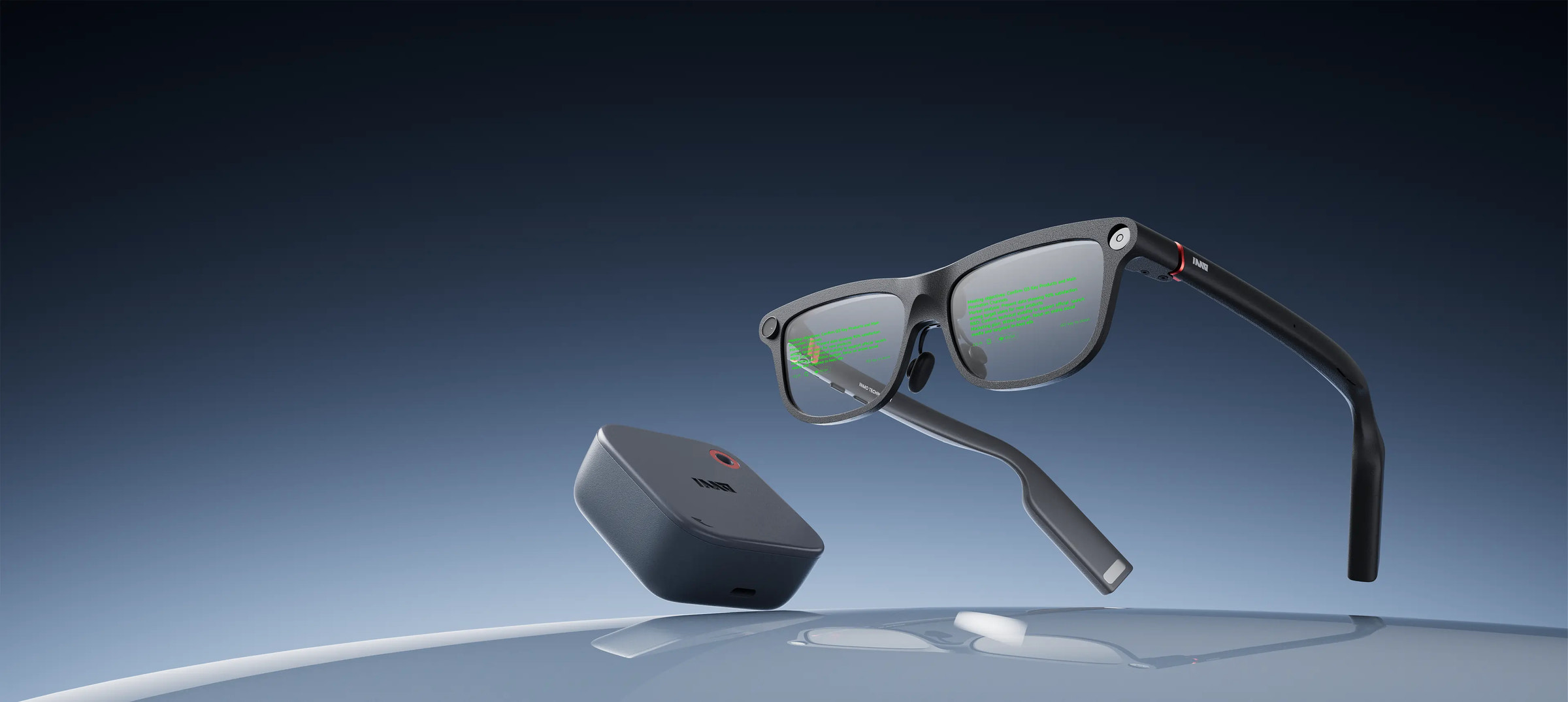 INMO GO3 Smart glasses with battery case  on a gradient blue background